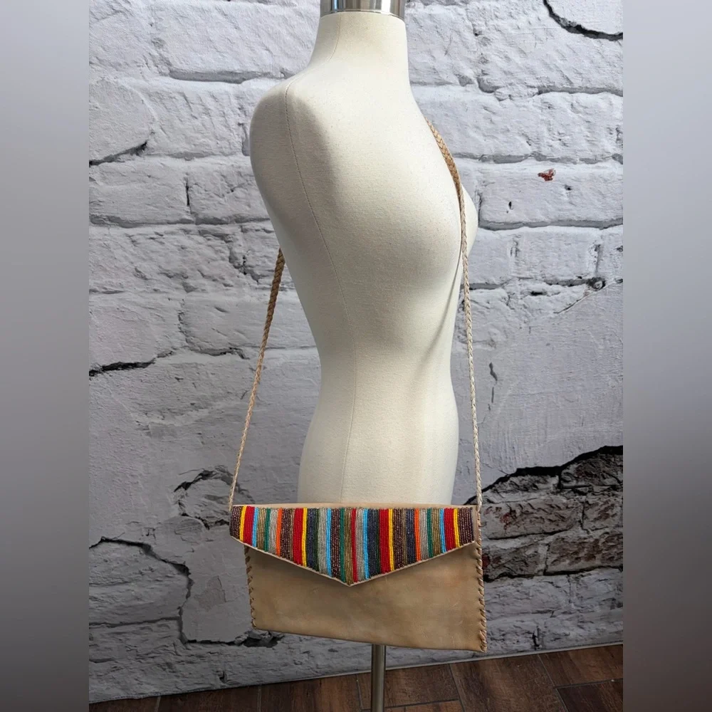 Handmade No Sew Leather Multicolor Beaded Striped Tribal Neutral Crossbody Bag‎